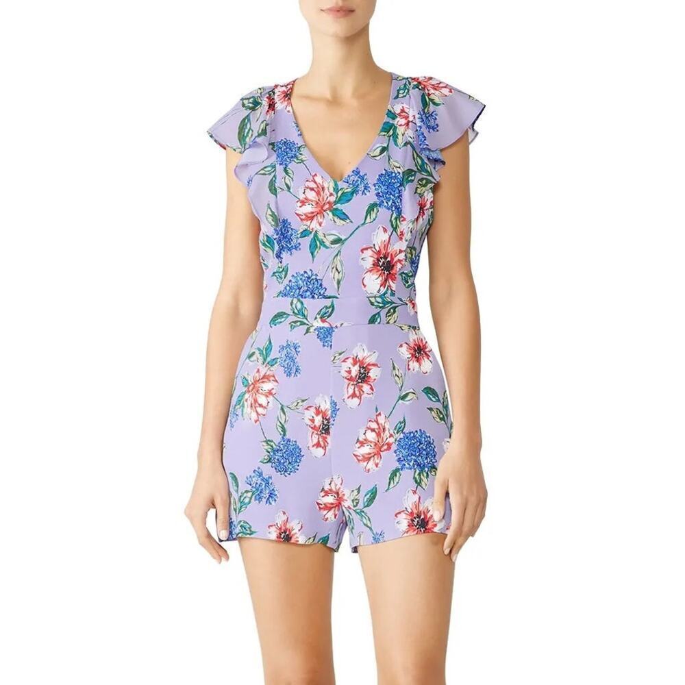 Parker Ana Combo Romper Shorts Flutter Sleeves V-Neck Floral Print Purple 2